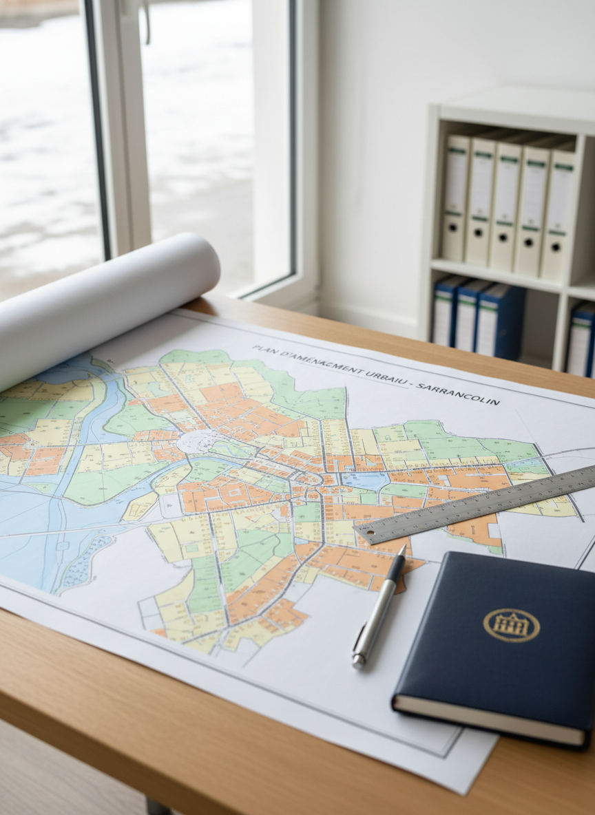 A detailed, color-printed urban development plan for Sarrancolin spread across a smooth, light oak desk, showing streets, public spaces, and green zones in clear, precise lines and subtle pastel tones. Next to the plan lie a metal ruler, a mechanical pencil, and a closed, navy-blue notebook embossed with a small golden emblem of the town hall. The desk sits near a large window, where soft overcast daylight creates a gentle, shadowless illumination, highlighting the paper’s texture and the crispness of the printed lines. The background fades into a slightly blurred stack of administrative binders on a minimalist white shelf. Photographic realism, captured from a three-quarter top-down angle, conveying methodical, forward-looking municipal planning with a calm, orderly atmosphere.