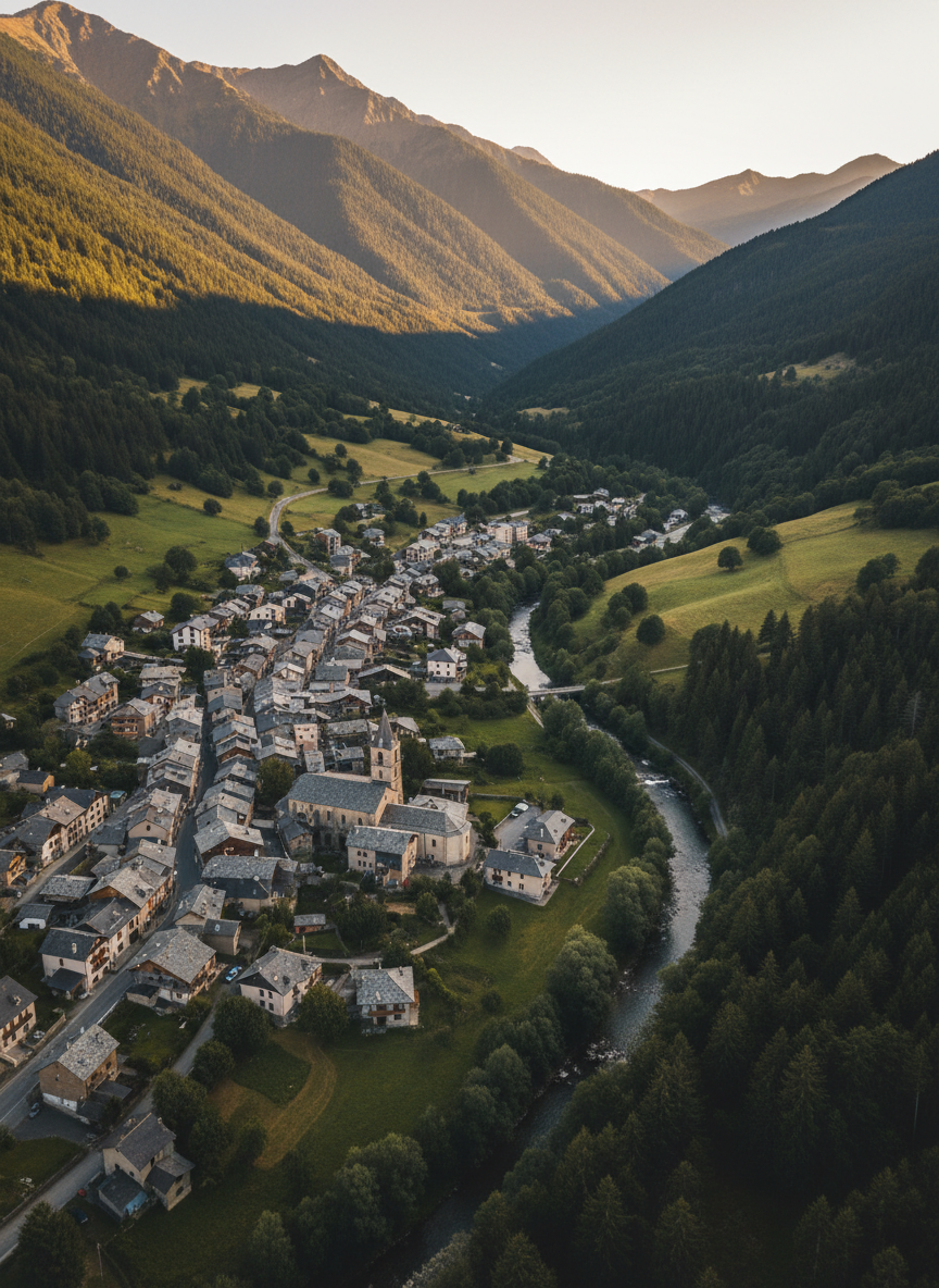 A panoramic, photographic view of Sarrancolin nestled in its mountain valley, captured from an elevated vantage point that showcases the entire village: slate-roofed houses, the church tower, and the meandering river reflecting the sky. The surrounding mountains, covered in a mix of dark evergreen forest and lighter patches of grassland, frame the town and give a sense of protection and continuity. Late afternoon light bathes the scene in a soft, golden tone, creating gentle contrasts and subtle shadows along the rooftops, evoking warmth and potential. The composition uses the rule of thirds, with the town slightly off-center and the river leading the eye through the image. Photographic realism, crisp and detailed, communicating pride of place and the scale of local municipal responsibility.