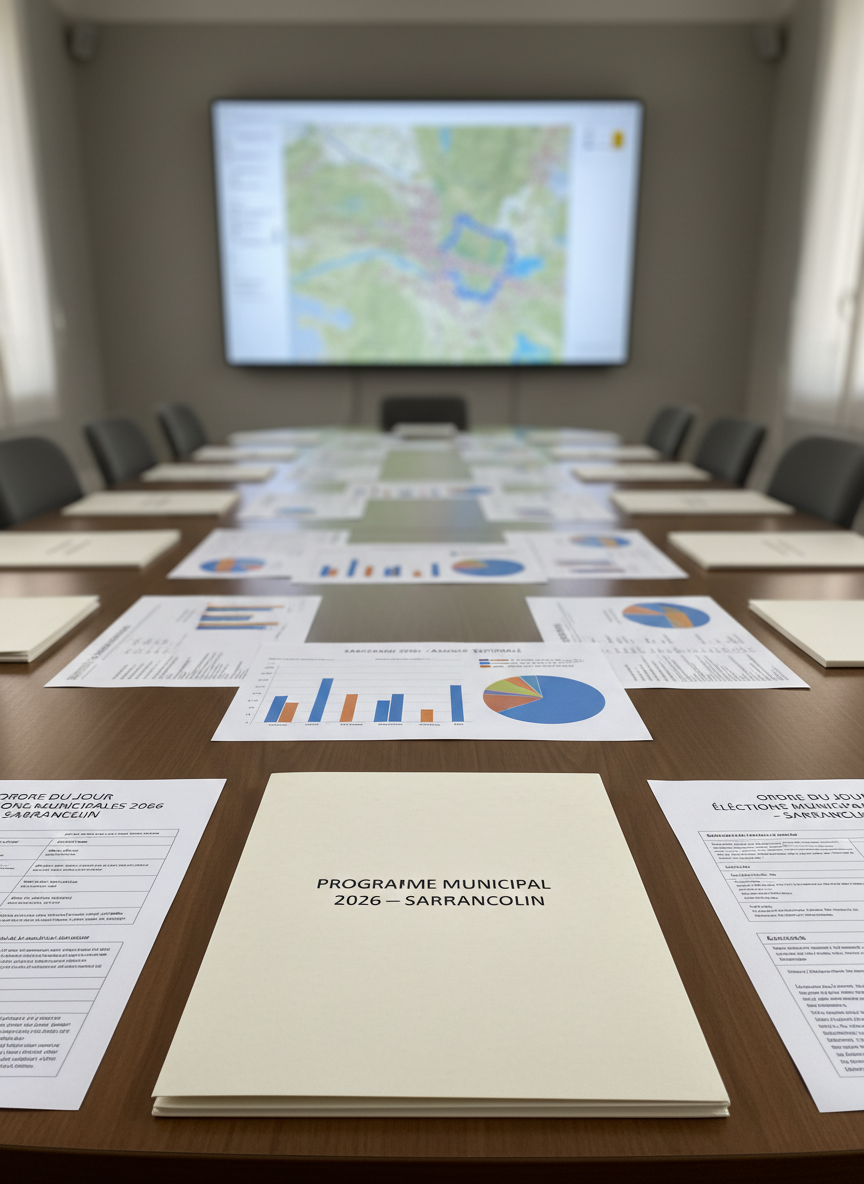 A large, clean wooden meeting table in a bright municipal council room, covered with neatly arranged documents for the 2026 Sarrancolin election: printed agendas, color-coded charts, and a prominently placed folder labeled “Programme Municipal 2026 – Sarrancolin” in clear, modern typography. Around the table, simple, dark fabric chairs remain empty, aligned precisely. Behind, a wall-mounted, high-resolution map of Sarrancolin and its surrounding valley adds context, with soft, diffused daylight entering through tall windows out of frame. The lighting is even and neutral, minimizing harsh shadows, creating a professional, serious mood. Photographic realism, slightly elevated angle with a shallow depth of field that keeps the folder and nearby papers in sharp focus while the background gently blurs, emphasizing preparation and structured planning.
