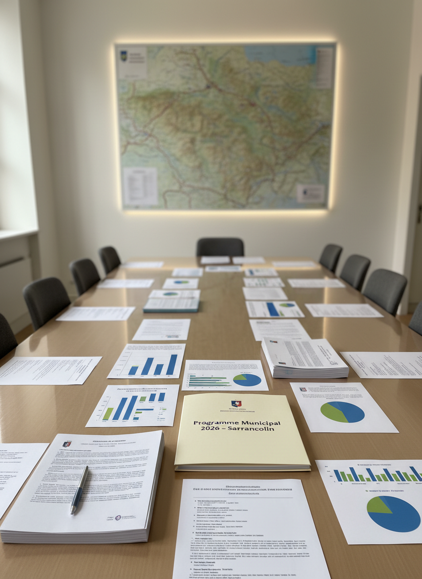 A large, clean wooden meeting table in a bright municipal council room, covered with neatly arranged documents for the 2026 Sarrancolin election: printed agendas, color-coded charts, and a prominently placed folder labeled “Programme Municipal 2026 – Sarrancolin” in clear, modern typography. Around the table, simple, dark fabric chairs remain empty, aligned precisely. Behind, a wall-mounted, high-resolution map of Sarrancolin and its surrounding valley adds context, with soft, diffused daylight entering through tall windows out of frame. The lighting is even and neutral, minimizing harsh shadows, creating a professional, serious mood. Photographic realism, slightly elevated angle with a shallow depth of field that keeps the folder and nearby papers in sharp focus while the background gently blurs, emphasizing preparation and structured planning.