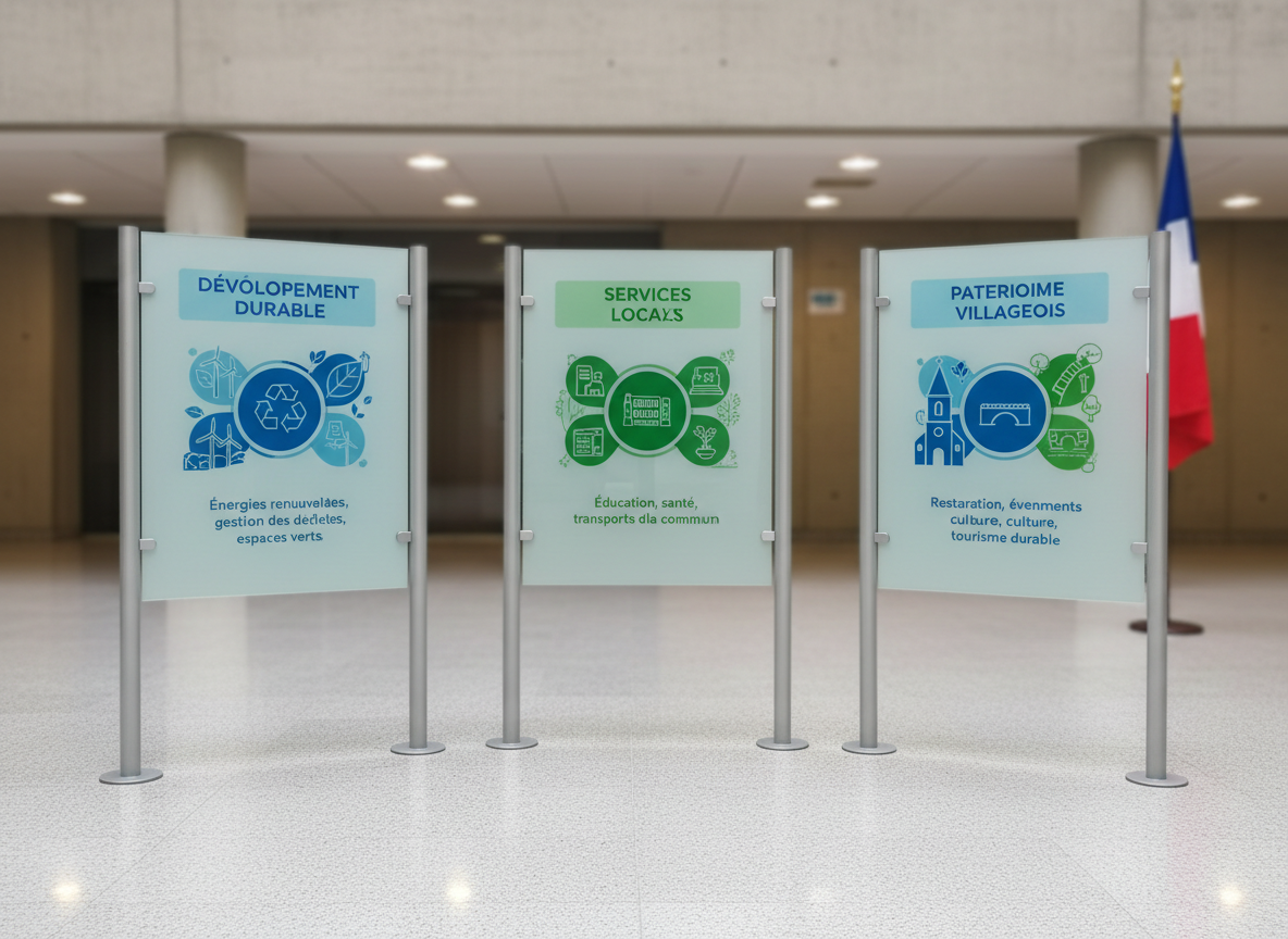 A close-up, photographic composition of three vertical, free-standing display panels in a modern municipal hall, each presenting a different aspect of the 2026 Sarrancolin election program: sustainable development, local services, and village heritage. The panels feature clean infographics, bold yet professional color accents in blue and green, and clear, sans-serif French headings. The panels stand on a polished stone floor, with the neutral-toned walls of the hall and a discreetly visible French flag in the distant background, slightly out of focus. Bright, even ceiling lighting ensures legible details and minimal reflections. Shot at eye level with moderate depth of field, the mood is informative and transparent, highlighting clarity of communication and accessibility of the municipal project, without any people present.