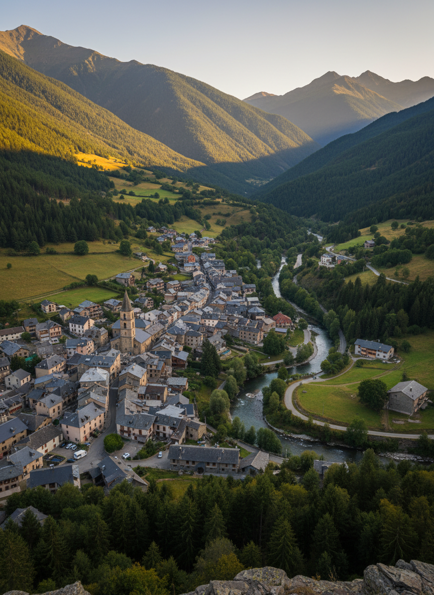 A panoramic, photographic view of Sarrancolin nestled in its mountain valley, captured from an elevated vantage point that showcases the entire village: slate-roofed houses, the church tower, and the meandering river reflecting the sky. The surrounding mountains, covered in a mix of dark evergreen forest and lighter patches of grassland, frame the town and give a sense of protection and continuity. Late afternoon light bathes the scene in a soft, golden tone, creating gentle contrasts and subtle shadows along the rooftops, evoking warmth and potential. The composition uses the rule of thirds, with the town slightly off-center and the river leading the eye through the image. Photographic realism, crisp and detailed, communicating pride of place and the scale of local municipal responsibility.