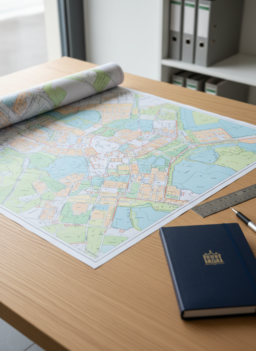 A detailed, color-printed urban development plan for Sarrancolin spread across a smooth, light oak desk, showing streets, public spaces, and green zones in clear, precise lines and subtle pastel tones. Next to the plan lie a metal ruler, a mechanical pencil, and a closed, navy-blue notebook embossed with a small golden emblem of the town hall. The desk sits near a large window, where soft overcast daylight creates a gentle, shadowless illumination, highlighting the paper’s texture and the crispness of the printed lines. The background fades into a slightly blurred stack of administrative binders on a minimalist white shelf. Photographic realism, captured from a three-quarter top-down angle, conveying methodical, forward-looking municipal planning with a calm, orderly atmosphere.